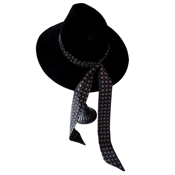 Zara Black Felt Hat with Printed Scarf Size Medium Boho Bohemian - Picture 10 of 10